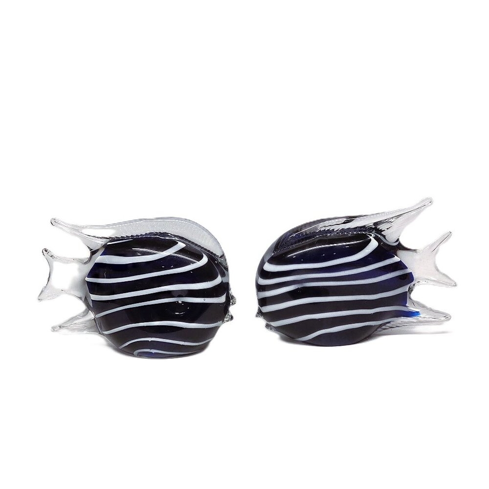 Art Glass Fish Pair Blue Figurine Statue Paperweight Lot Set Striped Beach Decor